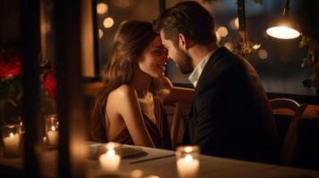 ai généré couple dans costume ayant une romantique dîner dans une moderne restaurant célébrer la Saint-Valentin journée photo