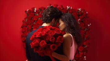 ai généré content Jeune couple célébrer la Saint-Valentin journée dans une grand chambre. rouge Contexte avec une grand bouquet de rouge fleurs photo