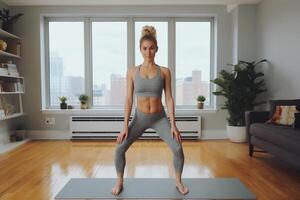 ai généré Jeune femme exercice à maison. des sports et en bonne santé mode de vie. ai généré. photo