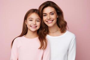 ai généré portrait de souriant mère et sa fille, proche en haut. content aimant famille. ai généré. photo