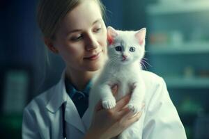 ai généré femelle vétérinaire soigneusement en portant blanc mignonne chaton. médical examiner de animaux domestiques. ai généré. photo