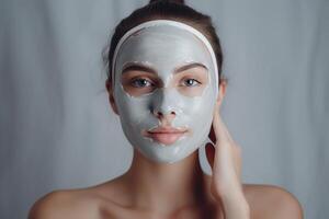 ai généré Jeune femme avec une argile masque appliqué sur sa affronter. soin de la peau et cosmétologie. ai généré. photo