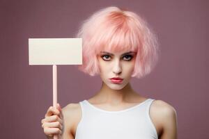 ai généré sérieux Jeune femme avec rose cheveux en portant Vide maquette signe. ai généré. photo