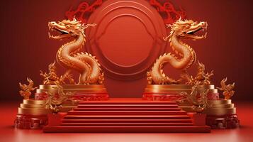 ai généré chinois Nouveau année et d'or dragon année podium photo