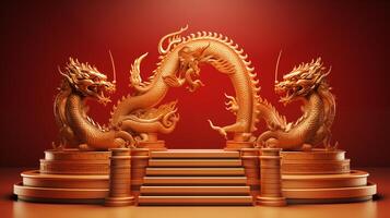 ai généré chinois Nouveau année et d'or dragon année podium maquette photo