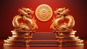 ai généré chinois Nouveau année et d'or dragon année podium photo