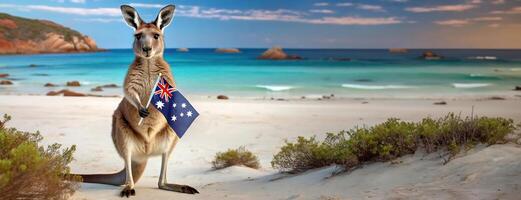 ai généré une kangourou des stands sur une serein plage, en portant le australien drapeau, Australie journée concept. fierté de une nation avec ses iconique faune et étourdissant côtier paysage baigné dans le lumière de photo
