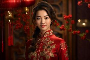 ai généré magnifique chinois femme portant rouge traditionnel vêtements bokeh style Contexte avec génératif ai photo