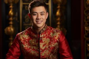 ai généré Beau chinois homme portant rouge traditionnel vêtements bokeh style Contexte avec génératif ai photo