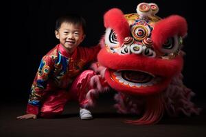 ai généré une Jeune chinois garçon avec dragon Danse masque avec génératif ai photo