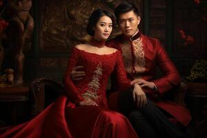 ai généré chinois jeune marié et la mariée portant chinois mariage tenue avec génératif ai photo