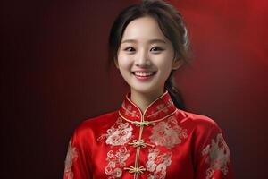 ai généré une Jeune chinois fille portant rouge chinois traditionnel robe avec génératif ai photo