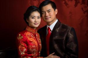 ai généré chinois jeune marié et la mariée portant chinois mariage tenue avec génératif ai photo