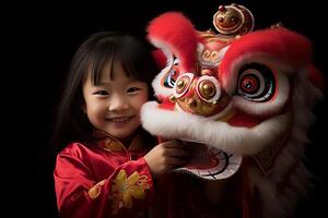 ai généré une Jeune chinois fille avec dragon Danse masque avec génératif ai photo