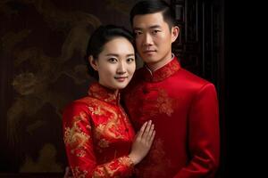 ai généré chinois jeune marié et la mariée portant chinois mariage tenue avec génératif ai photo