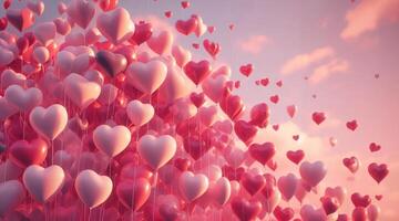 ai généré bouquet de cœur en forme de pastel rose des ballons flottant dans rose ciel arrière-plan, doux délicat rose, Valentin humeur, mois de aimer, timide espace pour texte ou publicité, génératif ai photo