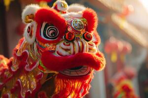 ai généré vibrant traditionnel Lion et dragon danses à chinois Nouveau année photo