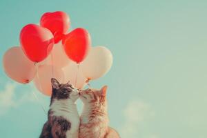 ai généré deux affectueux chats toucher son nez chaque autre avec une toile de fond de en forme de coeur des ballons contre une clair bleu ciel. photo