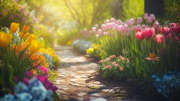 ai généré jardin passerelle au milieu de épanouissement fleurs - floral beauté photo