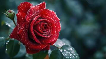 ai généré magnifique fermer rouge Rose délicatement couvert dans Matin rosée, avec copie espace photo