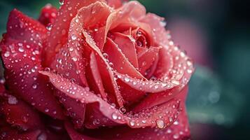 ai généré magnifique fermer rouge Rose délicatement couvert dans Matin rosée, avec copie espace photo
