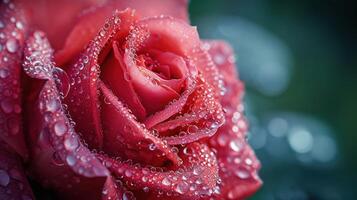 ai généré magnifique fermer rouge Rose délicatement couvert dans Matin rosée, avec copie espace photo