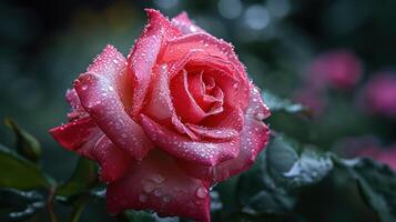 ai généré magnifique fermer rouge Rose délicatement couvert dans Matin rosée, avec copie espace photo