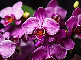 ai généré violet papillon de nuit orchidées dans Floraison proche en haut photo. ai généré photo