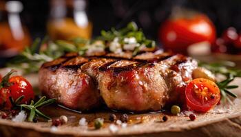 ai généré copie espace image avec proche en haut de barbecue travers de porc sur Coupe planche plus de en bois tableau. photo