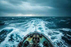 ai généré pétrolier navire navire est voile dans océan par le lourd orage . photo