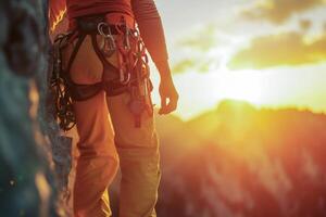 ai généré professionnel falaise grimpeur Arrêtez grimper à la recherche à magnifique le coucher du soleil . aventure et extrême sport concept. photo