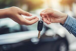 ai généré Marchand donner une voiture clé à client ,entreprise voiture de location ou utilisé voiture affaires concept . photo