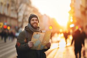 ai généré solo voyageur avec carte dans le sien mains dans populaire ville avec d'or lumière . photo