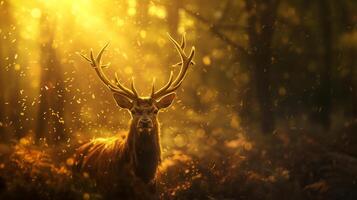 ai généré la nature faune scène Jeune cerf avec gros klaxon dans le forêt . photo