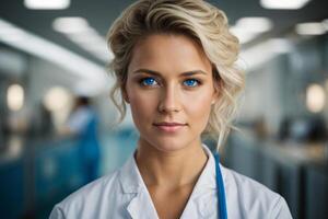 ai généré femelle médecin dans hôpital lobby. femme dans blanc manteau avec tablette dans couloir de le clinique. médical traitement. ai généré photo