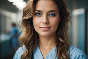 ai généré femelle médecin dans hôpital lobby. femme dans blanc manteau avec tablette dans couloir de le clinique. médical traitement. ai généré photo