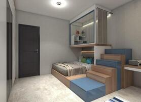 enfants' chambre conception avec mezzanine et escalier compartiment, 3d illustration photo