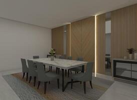 luxe marbre table et en bois mur panneaux pour intérieur à manger pièce 3d illustration photo