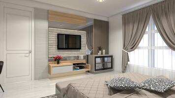 en bois la télé cabinet avec retour panneau décoration et côté tiroir pour intérieur chambre ou vivant pièce 3d illustration photo