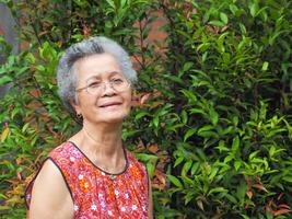 personnes âgées asiatique femme souriant et à la recherche à le caméra tandis que permanent dans une jardin. espace pour texte. concept de vieilli gens et soins de santé. photo
