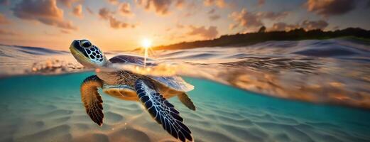 ai généré mer tortue nager dans le océan à le coucher du soleil avec lumière des rayons et vagues. sous-marin vue de reptile dans mer l'eau. panorama avec copie espace. photo