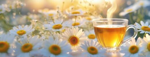 ai généré tasse de chaud thé avec camomille fleurs sur le champ. été la nature paysage. panorama avec copie espace. photo