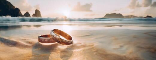 ai généré d'or mariage anneaux du repos sur le rive, lavé par doux mer vagues à le coucher du soleil. proposer journée Contexte. doux sables et le clapotis vagues, deux mariage bandes supporter témoignage à une promettre de photo