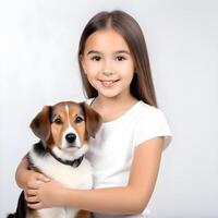 ai généré une Beau Jeune fille avec mignonne chien isolé sur blanc Contexte photo