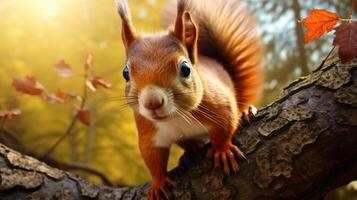 ai généré une rouge écureuil est séance sur une arbre branche photo