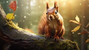 ai généré une écureuil est séance sur une arbre branche dans le forêt photo