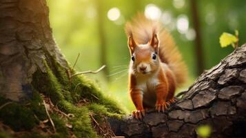 ai généré une écureuil est séance sur une arbre branche dans le forêt photo