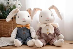 ai généré peluche jouet lapin mignonne bébé poupée. produire ai photo