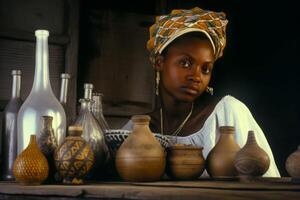 ai généré cubain femme avec traditionnel vases. produire ai photo