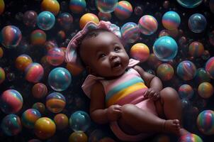 ai généré noir bébé sur coloré bulles. produire ai photo